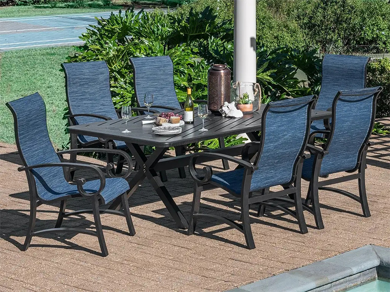 Solstice Aged Bronze Aluminium พร้อมสลิง ชุดรับประทานอาหาร 7 ชิ้น (84X42 นิ้วโต๊ะรับประทานอาหาร)